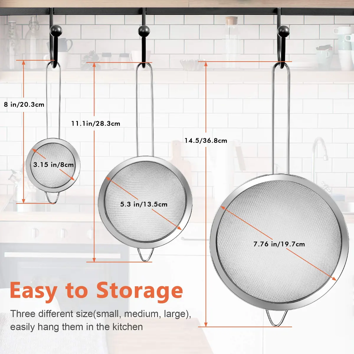 YLYL Food Strainer Set 3Pcs Stainless Steel Mesh with Handle | Fine Mesh Kitchen Sifter (20cm, 14cm, 8cm) - view 2