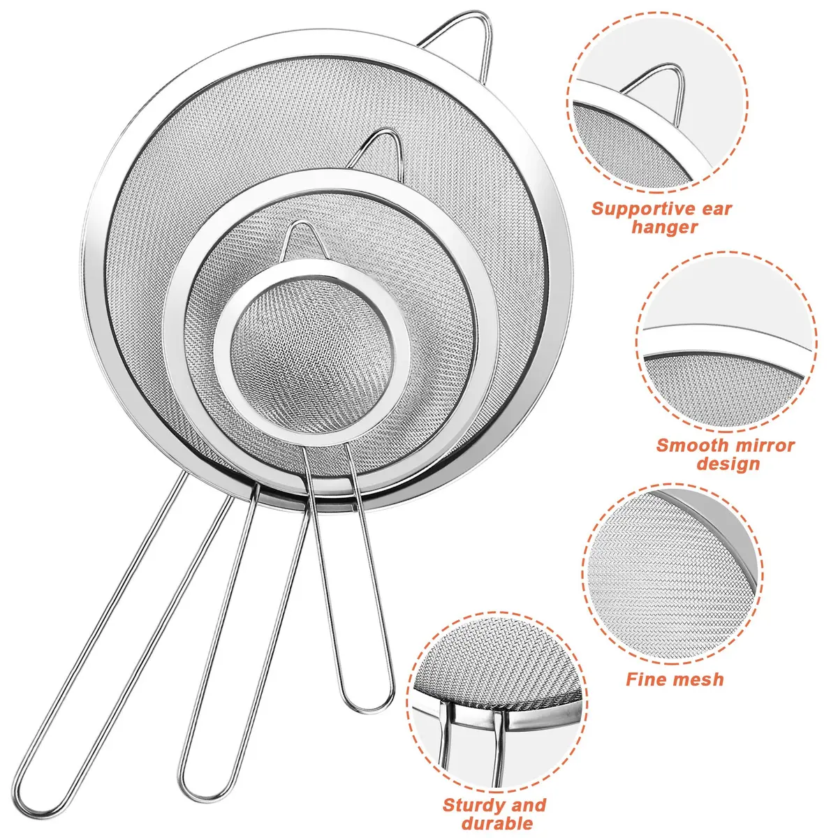 YLYL Food Strainer Set 3Pcs Stainless Steel Mesh with Handle | Fine Mesh Kitchen Sifter (20cm, 14cm, 8cm) - view 3