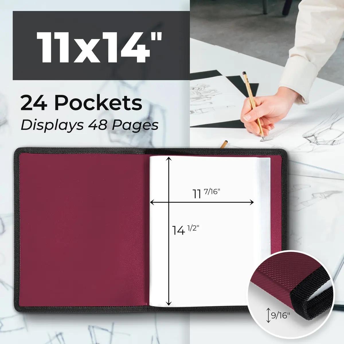 Dunwell 11x14 Art Portfolio Binder with 24 Sleeves, Ruby Red | Displays 48 Pages, Acid-Free Poly Protection - view 2
