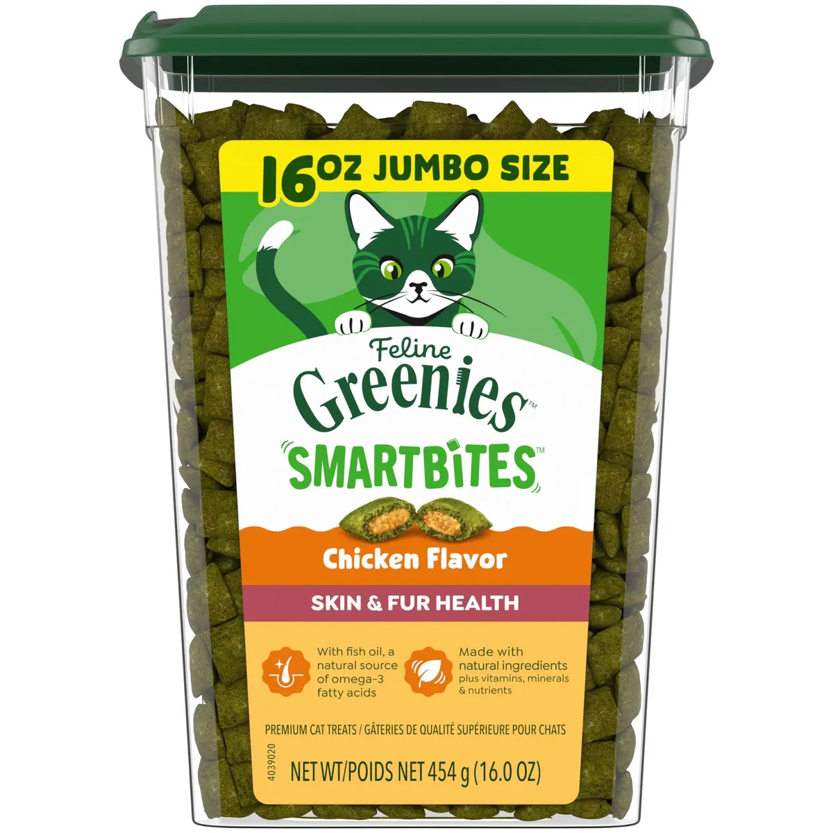 Greenies Cat Treats, Feline Smartbites, Skin & Fur Health, 16 oz. Tub | Crunchy & Soft Chicken Flavor for Healthy Skin & Fur - main product image