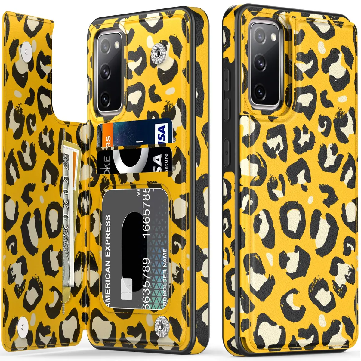 LETO Nice Yellow Leopard Flip Folio Leather Wallet Case for Samsung Galaxy S20 FE | Card Slots & Kickstand - main product image