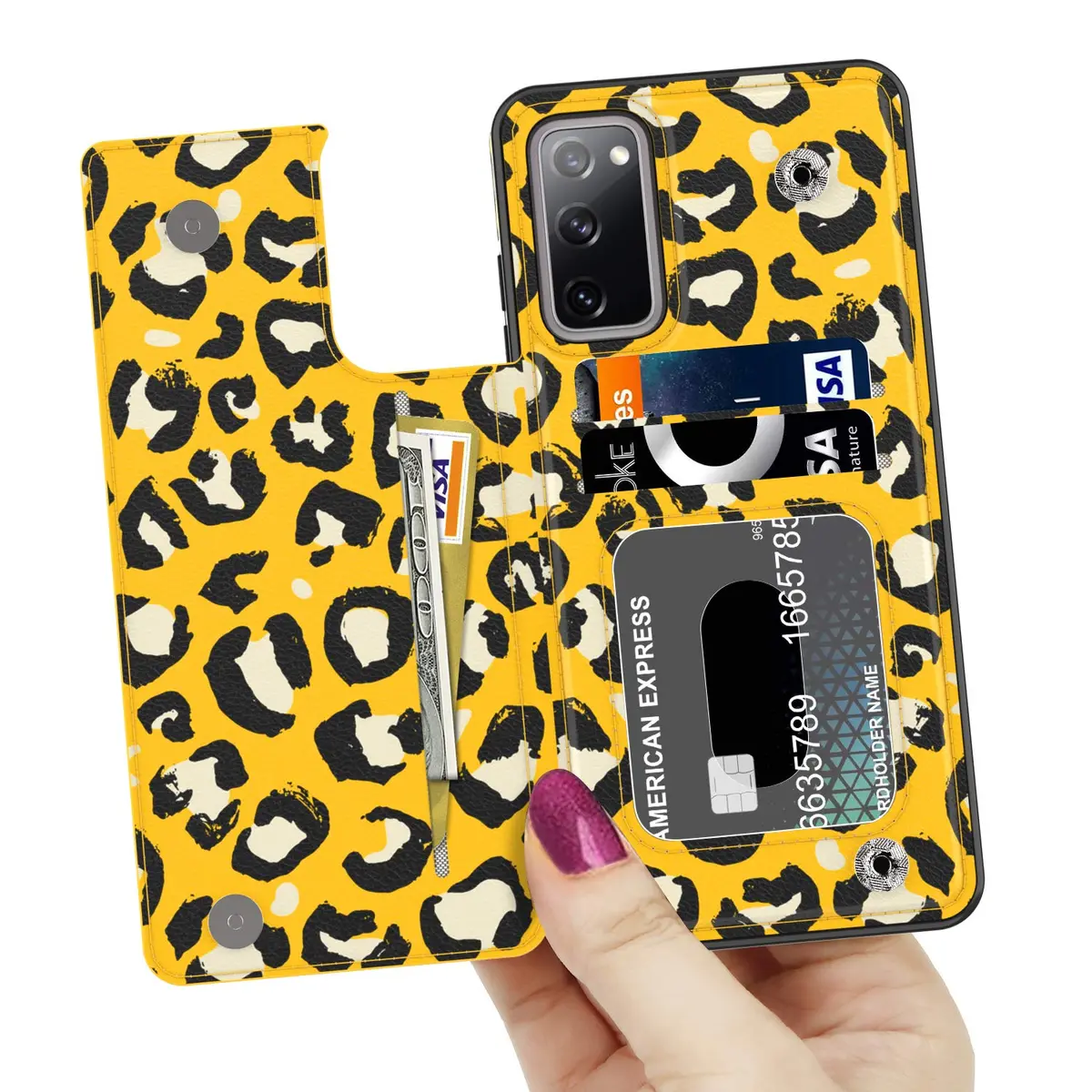 LETO Nice Yellow Leopard Flip Folio Leather Wallet Case for Samsung Galaxy S20 FE | Card Slots & Kickstand - view 2
