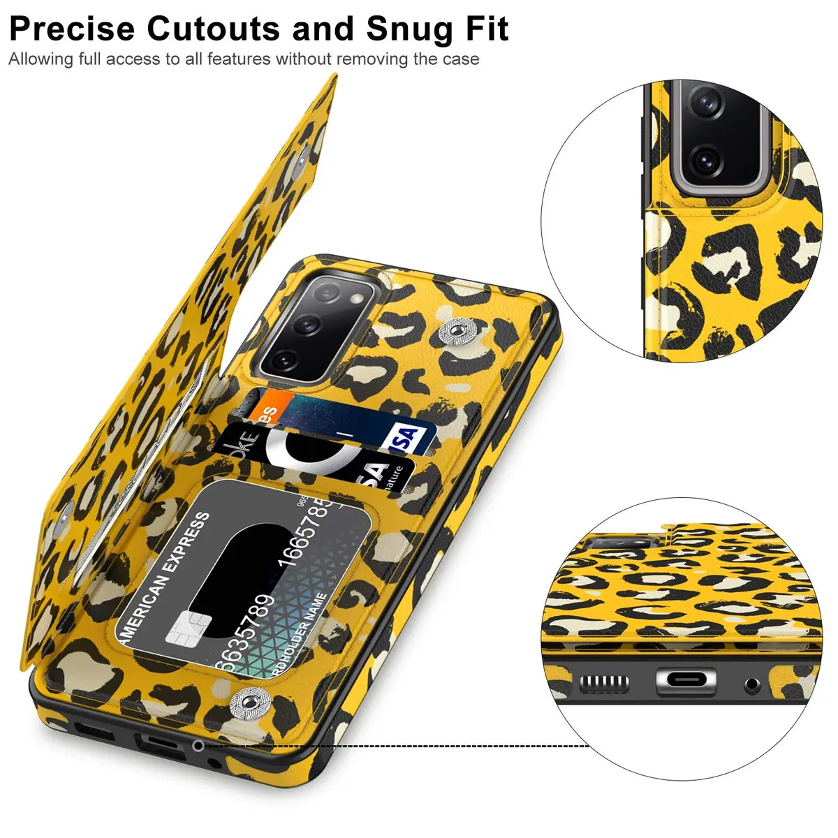 LETO Nice Yellow Leopard Flip Folio Leather Wallet Case for Samsung Galaxy S20 FE | Card Slots & Kickstand - view 3