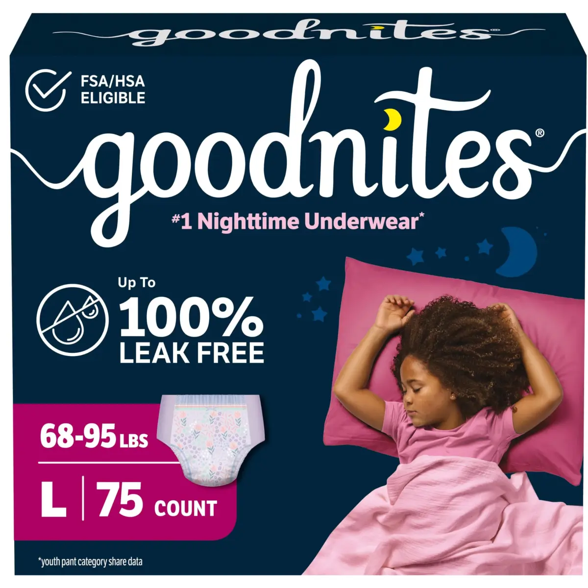 GoodNites Girls' Nighttime Bedwetting Underwear, Size Large (68-95 lbs), 75 Ct (3 Packs of 25) | Clinically Proven for Better Sleep - main product image
