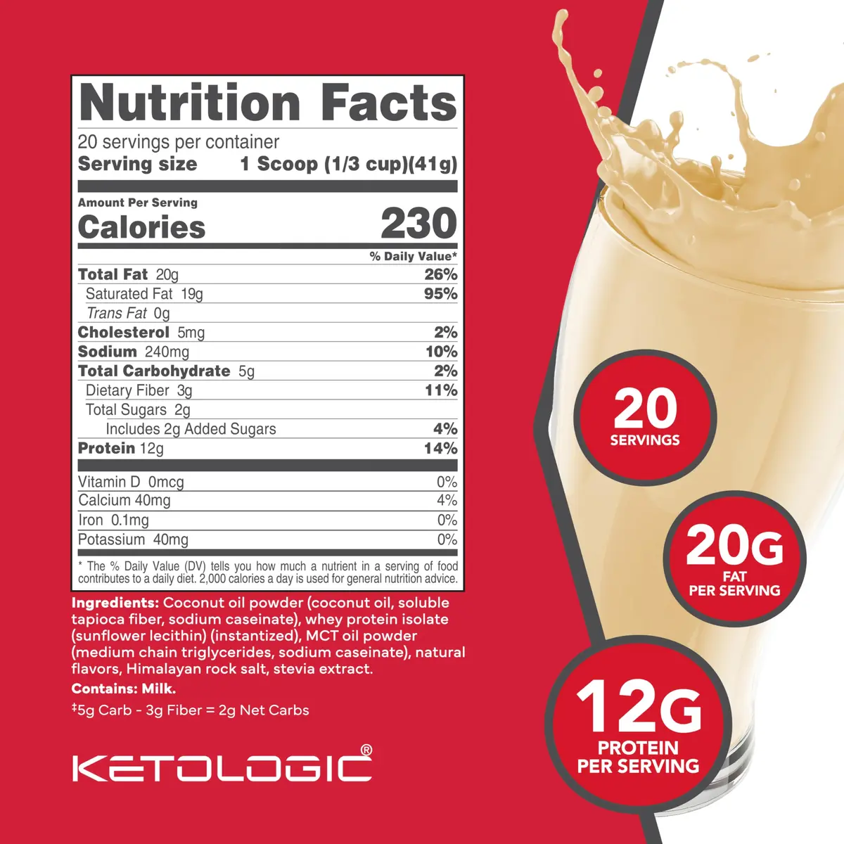 Ketologic Keto Meal Replacement Shake Powder Vanilla 29.1oz | Supports Keto & Low-Carb Diets - view 2