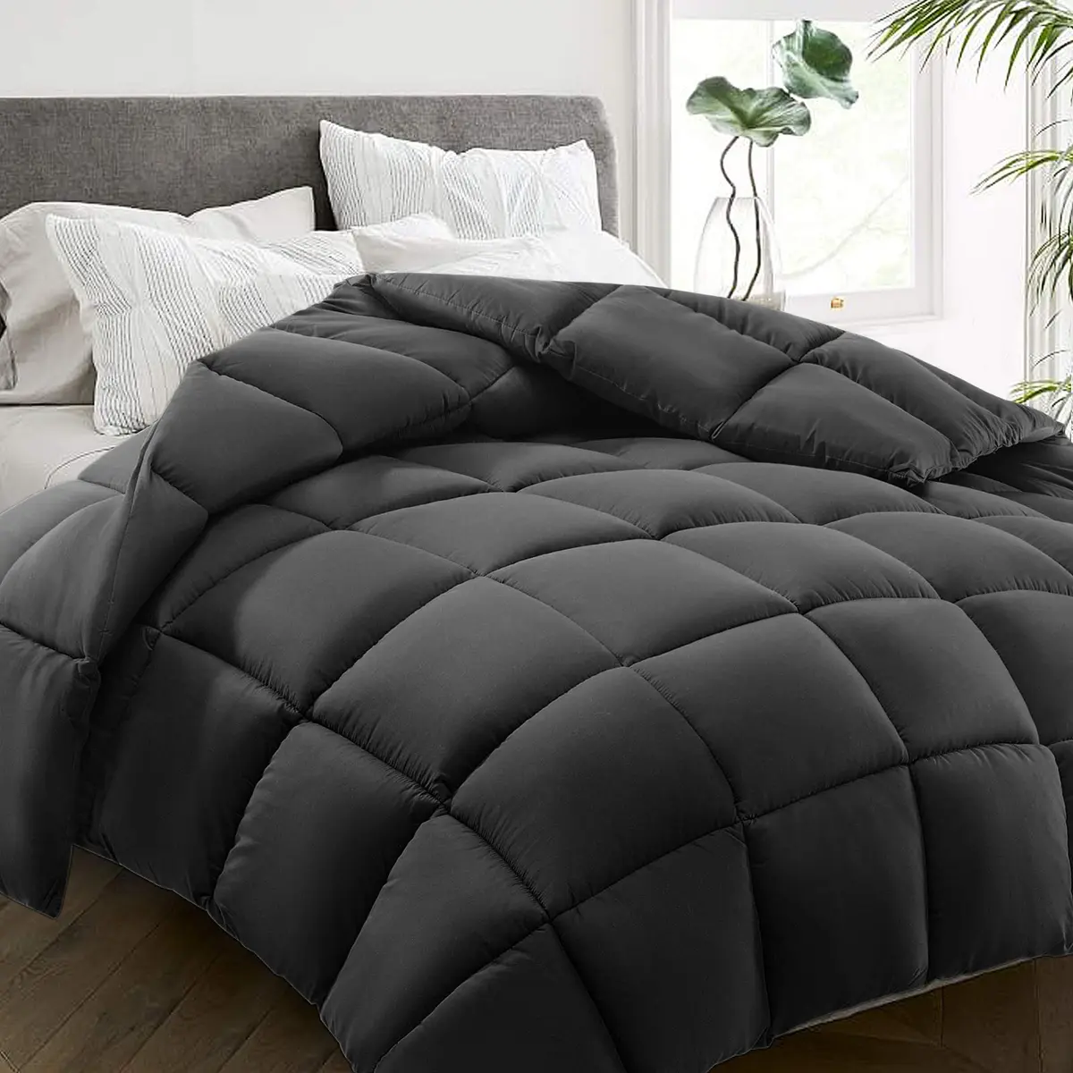 HYLEORY All Season California King Size Bed Comforter - Cooling Down Alternative Quilted Duvet Insert with Corner Tabs - Winter Warm - Machine Washable - Grey, 96 x 104 Inch - main product image