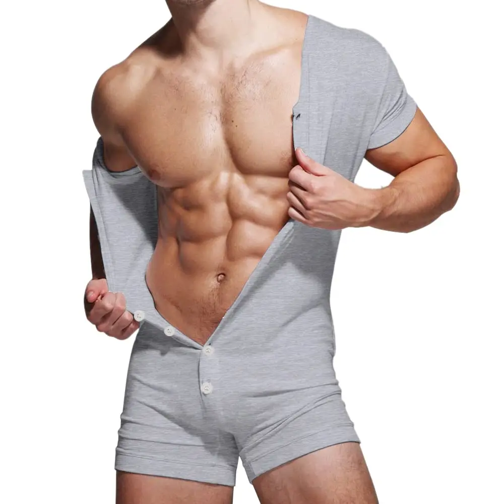 GYMAPE Mens Short Sleeve Onesie Henley Jumpsuit Pajamas 95% Cotton, Gray | Stretchy, Comfortable Sleepwear for Men - main product image