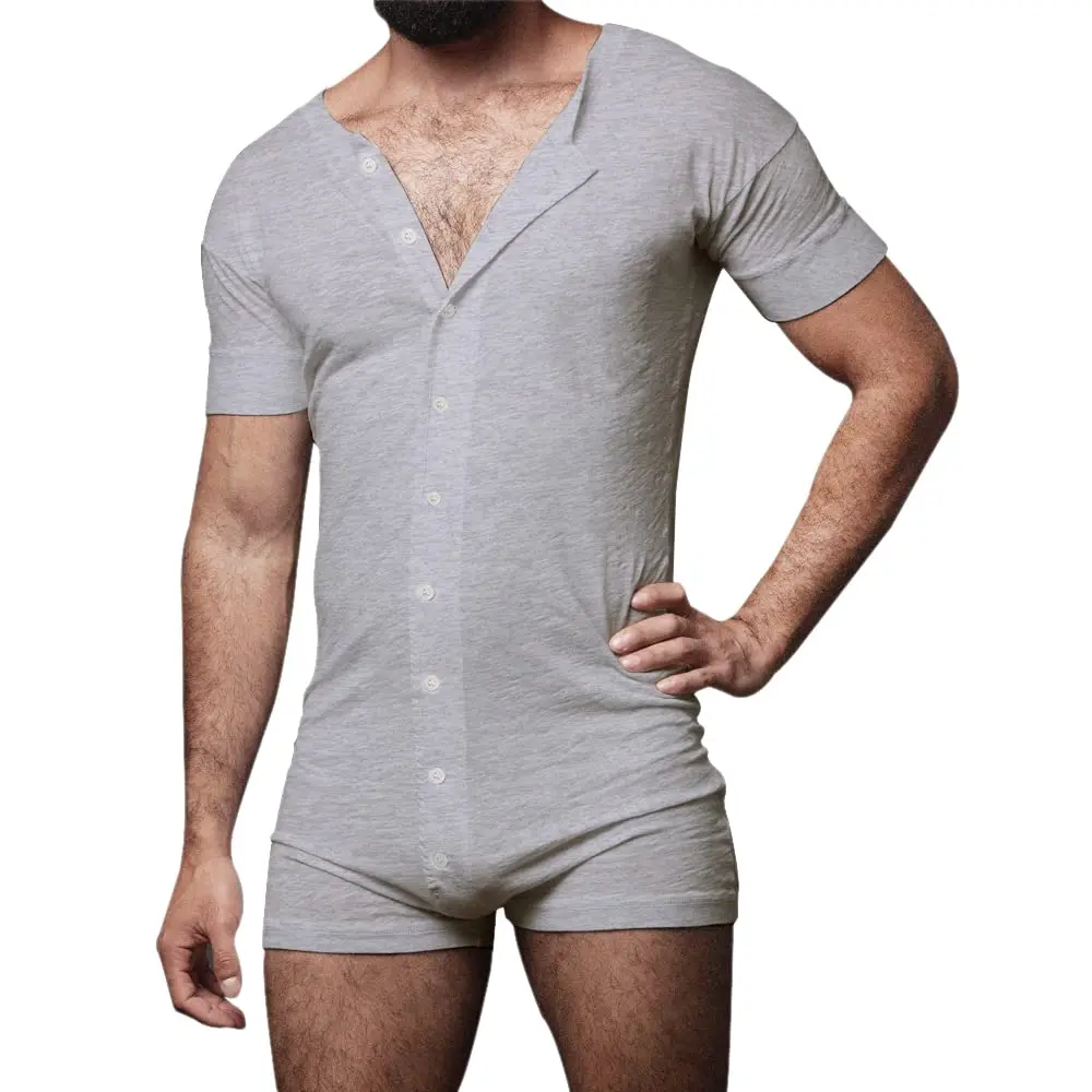 GYMAPE Mens Short Sleeve Onesie Henley Jumpsuit Pajamas 95% Cotton, Gray | Stretchy, Comfortable Sleepwear for Men - view 2