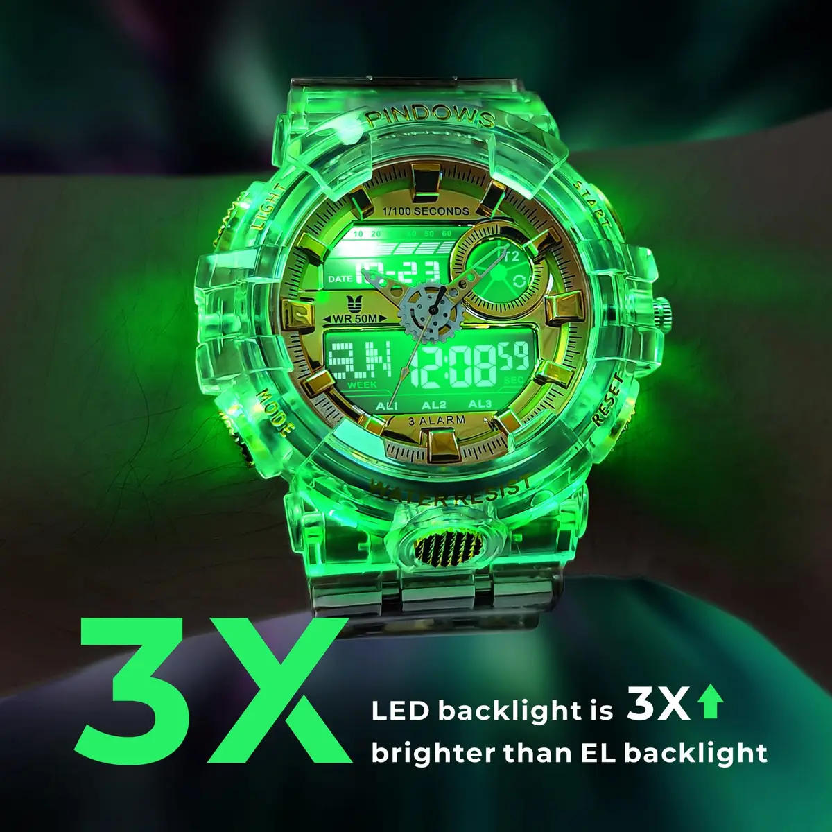 PINDOWS Men's Tactical Digital & Analog Waterproof Watch 50mm | LED Backlight, 2-Year Battery - view 4