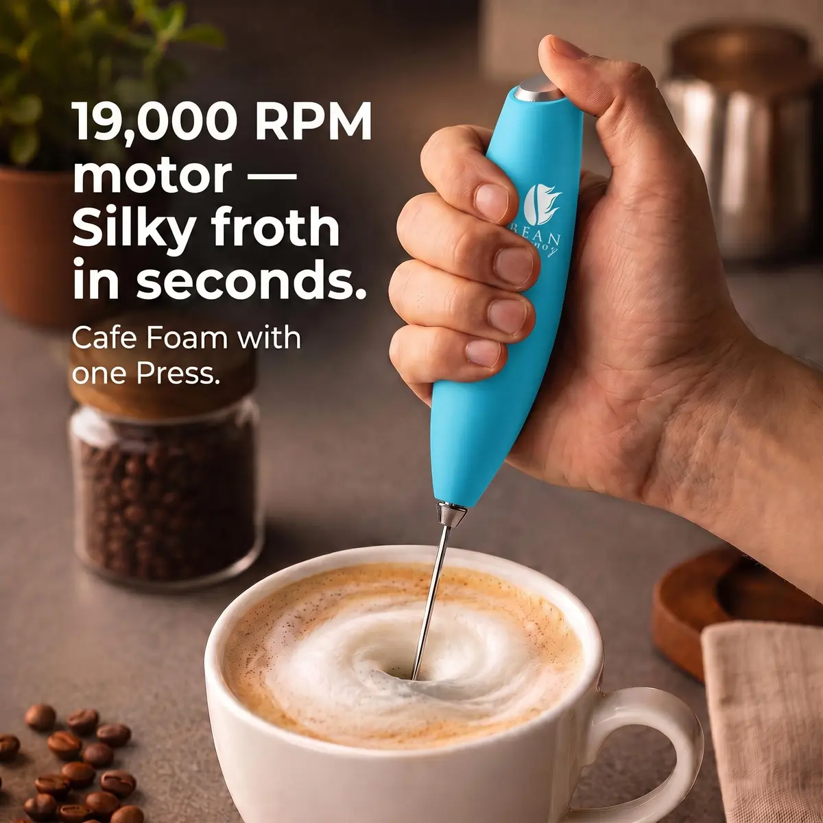 Bean Envy Milk Frother Handheld Light Blue | 19,000 RPM Foam Maker for Coffee & Hot Chocolate - view 2