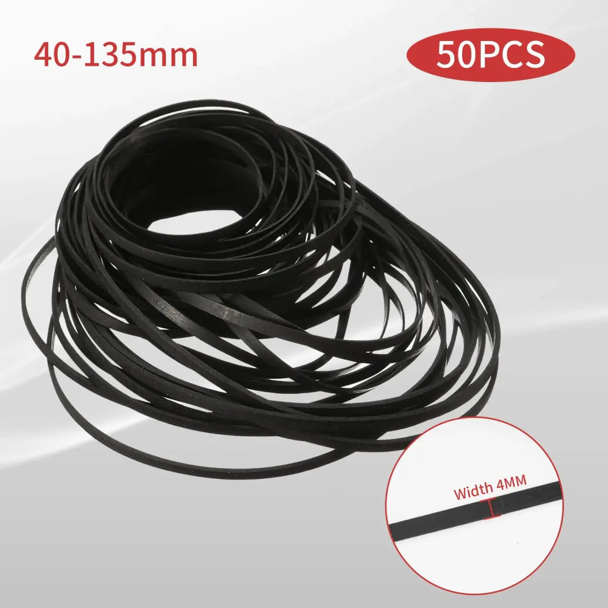 TEANTECH 50Pcs Flat Rubber Drive Belts 4mm Width, 40-135mm Mix | For Cassette Player Repair - view 2