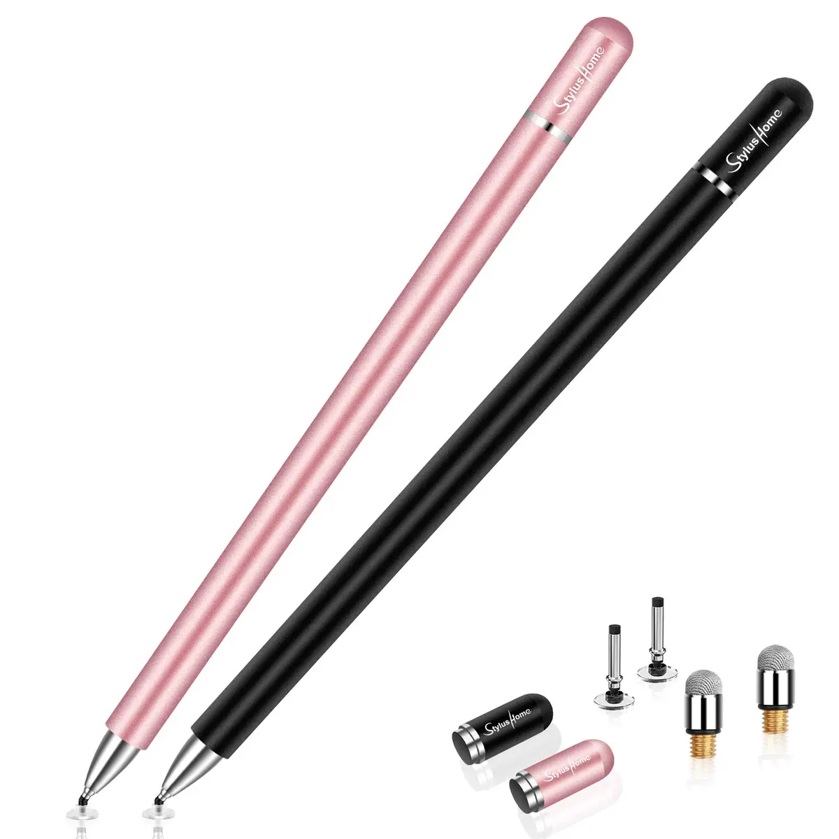 STYLUSHOME Universal Stylus Pen for iPad iPhone Android, 2 Pcs Stylus Pens with Disc & Fiber Tips (Black/Rose Gold) - main product image