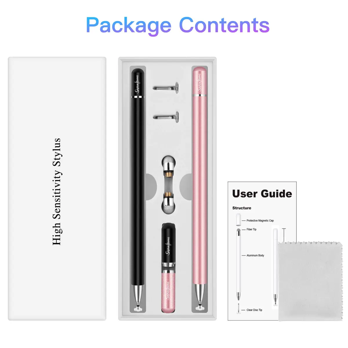 STYLUSHOME Universal Stylus Pen for iPad iPhone Android, 2 Pcs Stylus Pens with Disc & Fiber Tips (Black/Rose Gold) - view 7