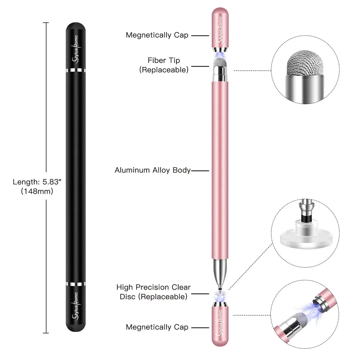 STYLUSHOME Universal Stylus Pen for iPad iPhone Android, 2 Pcs Stylus Pens with Disc & Fiber Tips (Black/Rose Gold) - view 2