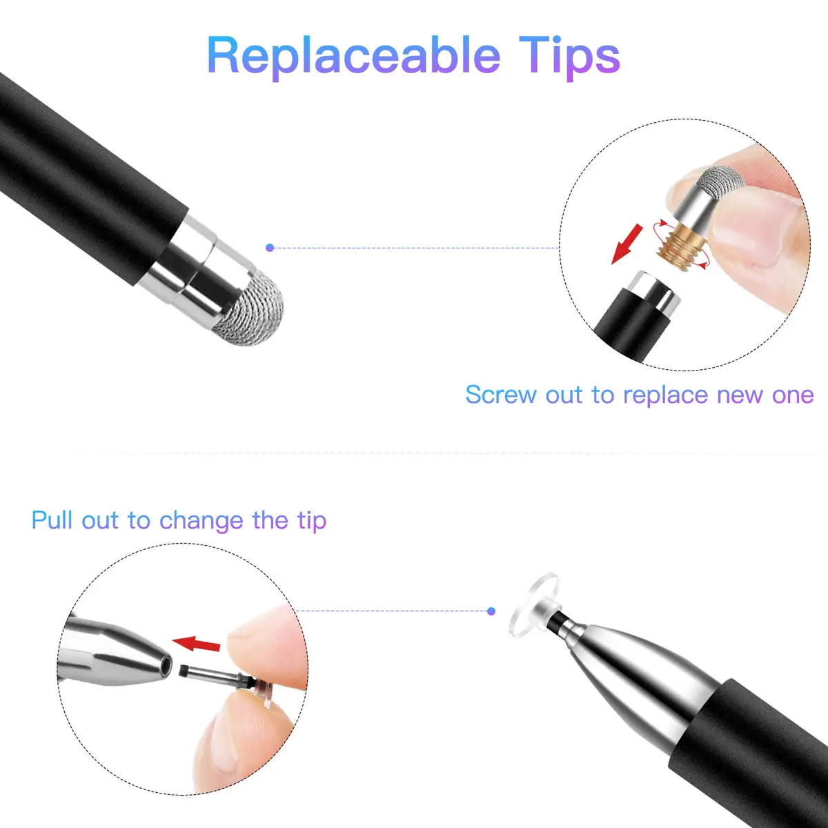 STYLUSHOME Universal Stylus Pen for iPad iPhone Android, 2 Pcs Stylus Pens with Disc & Fiber Tips (Black/Rose Gold) - view 3