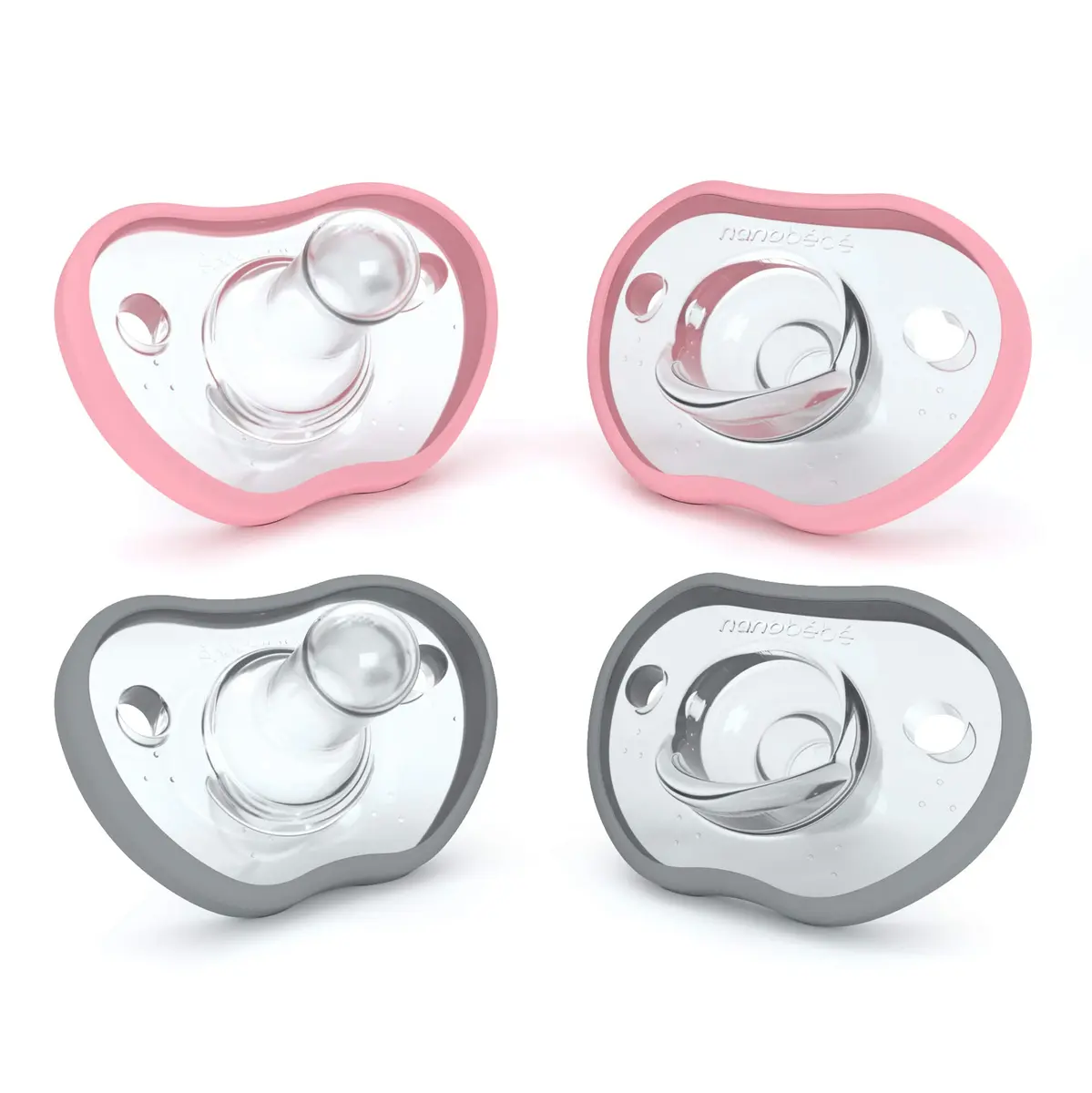 Nanobébé Baby Pacifiers 0-3 Month | Orthodontic, Face Contour, 100% Silicone, Baby Registry Gift 4pk, Pink/Grey - main product image