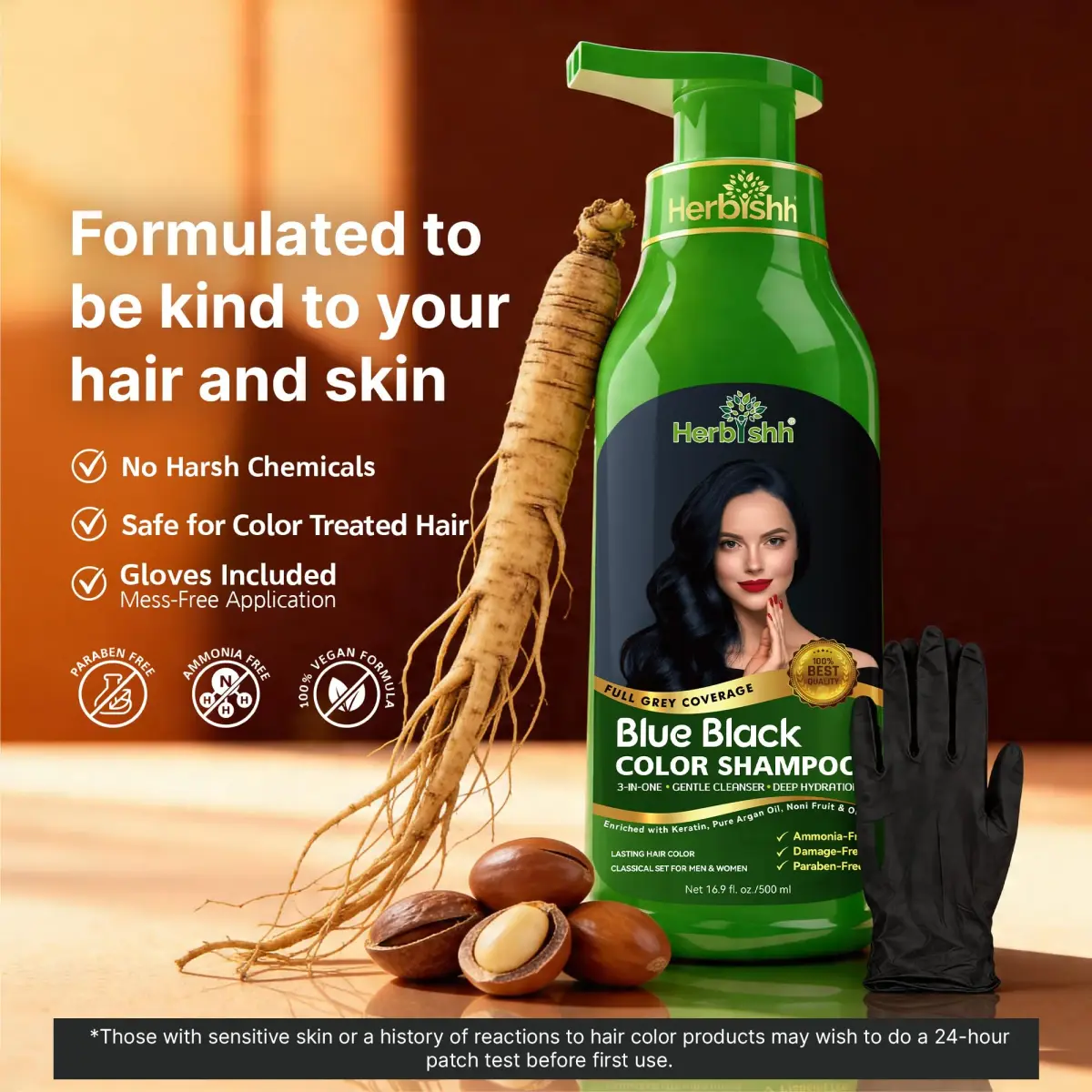 Herbishh Blue Black Hair Dye Shampoo 500ml (16.9 Fl Oz) | Ammonia-Free Gray Coverage - view 4
