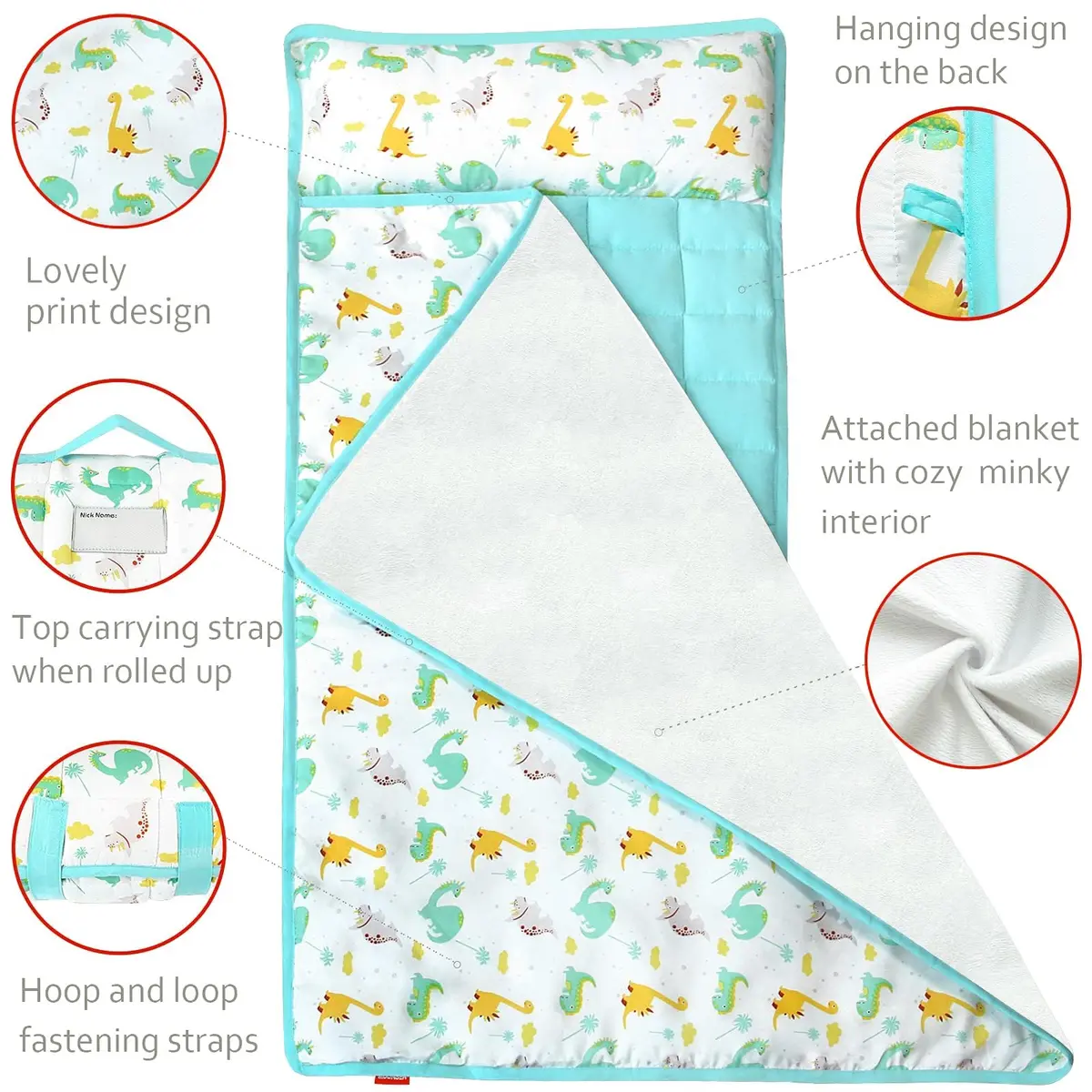 Moonsea Nap Mat with Removable Pillow Dinosaur and Fleece Minky Blanket | Preschool Travel Bed for Kids 21" x 50" - view 3