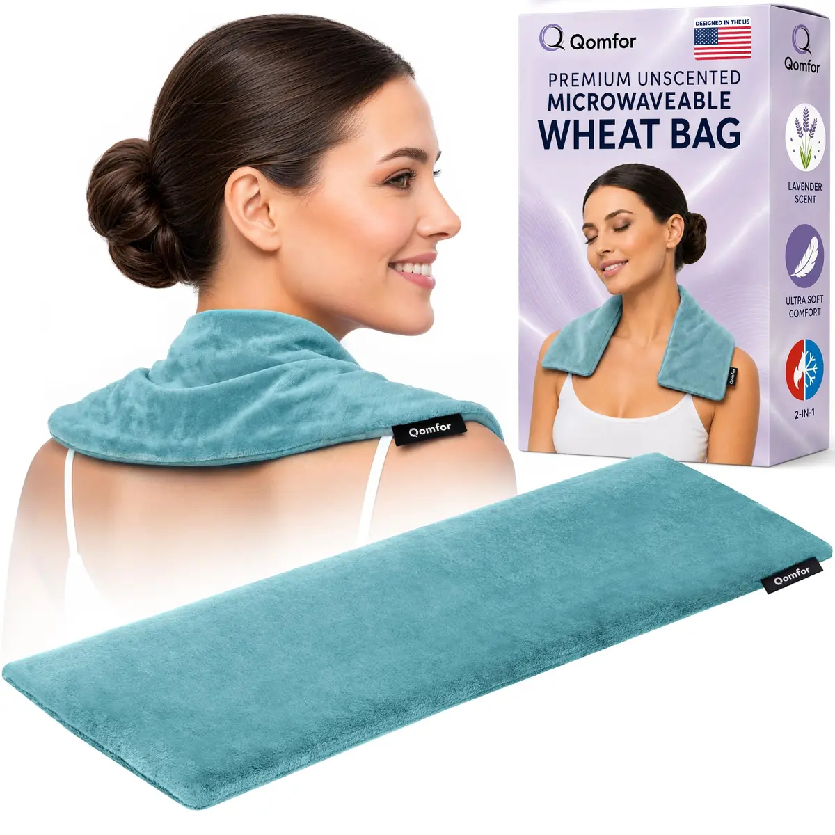 Qomfor Microwavable Heating Pad Blue Green | Lavender Scented Therapeutic Wrap for Neck & Shoulders - main product image