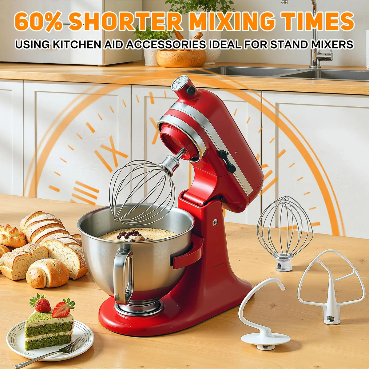 TOMOON 3-Piece KitchenAid Tilt-Head Stand Mixer Attachment Set | Stainless Steel Wire Whip, Dough Hook & Flat Beater for 4.5-5 Quart Mixers - view 5