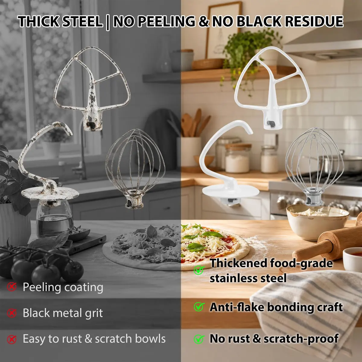 TOMOON 3-Piece KitchenAid Tilt-Head Stand Mixer Attachment Set | Stainless Steel Wire Whip, Dough Hook & Flat Beater for 4.5-5 Quart Mixers - view 6
