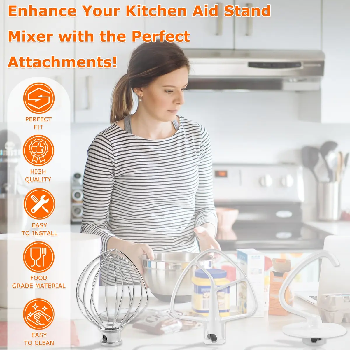 TOMOON 3-Piece KitchenAid Tilt-Head Stand Mixer Attachment Set | Stainless Steel Wire Whip, Dough Hook & Flat Beater for 4.5-5 Quart Mixers - view 7