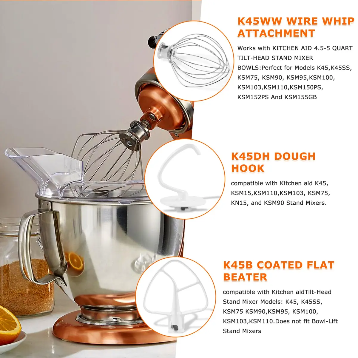 TOMOON 3-Piece KitchenAid Tilt-Head Stand Mixer Attachment Set | Stainless Steel Wire Whip, Dough Hook & Flat Beater for 4.5-5 Quart Mixers - view 8