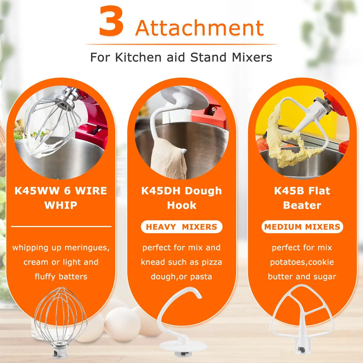 TOMOON 3-Piece KitchenAid Tilt-Head Stand Mixer Attachment Set | Stainless Steel Wire Whip, Dough Hook & Flat Beater for 4.5-5 Quart Mixers - view 2
