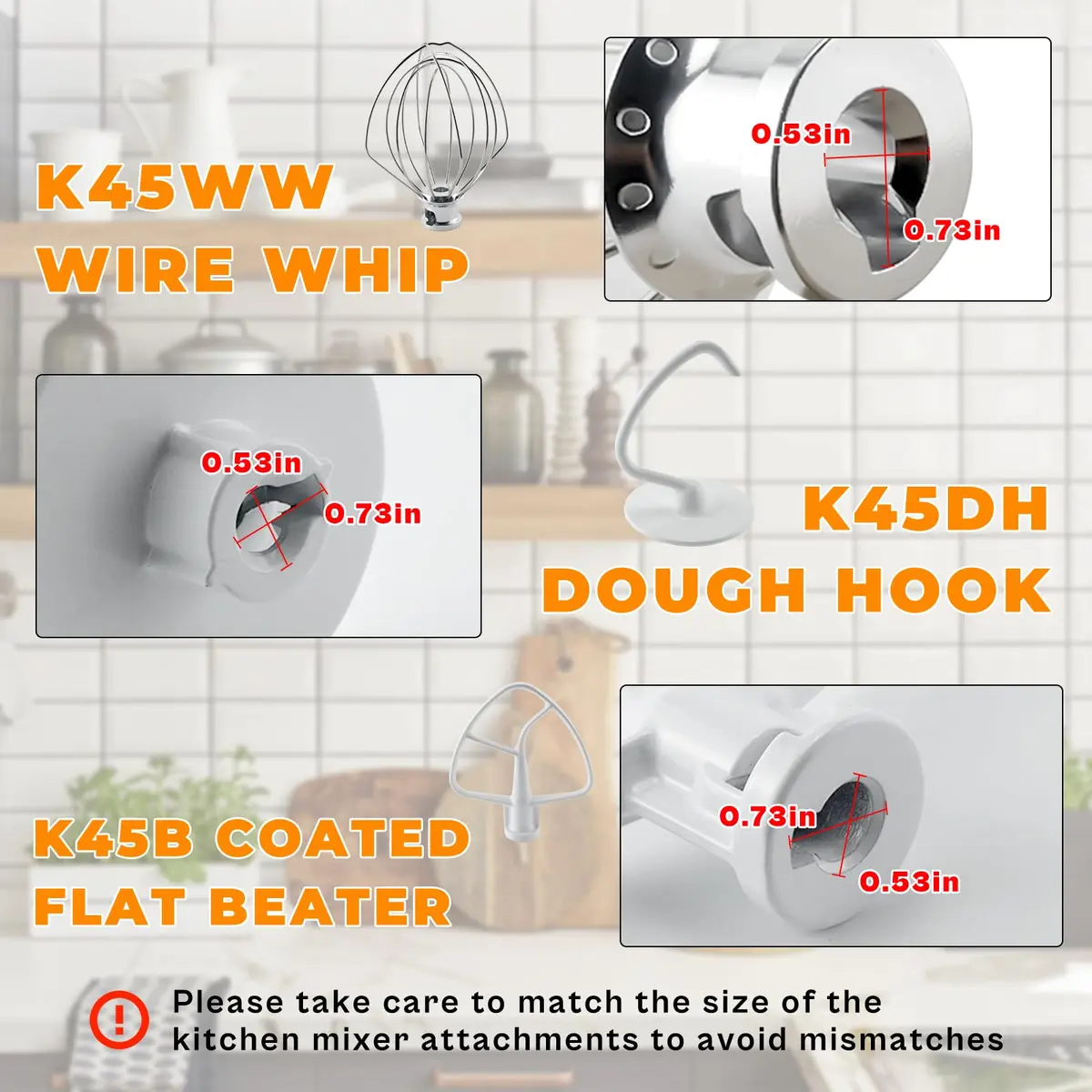 TOMOON 3-Piece KitchenAid Tilt-Head Stand Mixer Attachment Set | Stainless Steel Wire Whip, Dough Hook & Flat Beater for 4.5-5 Quart Mixers - view 4