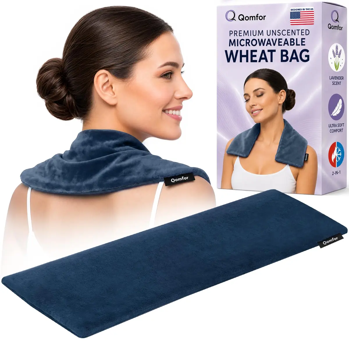 Qomfor Microwavable Heating Pad - Dark Blue - Lavender Scented | Therapeutic Heat Wrap for Neck, Shoulders & Period Cramps Pain Relief - main product image