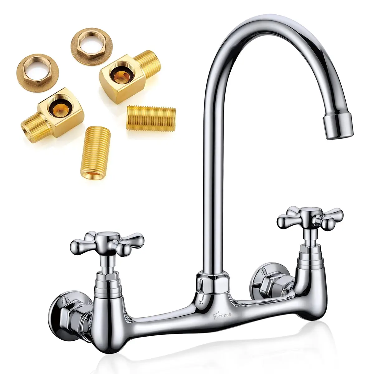 Favorpo Commercial Brass Wall Mount Faucet 8 Inch Center | Heavy Duty, 360° Swivel, Chrome - main product image