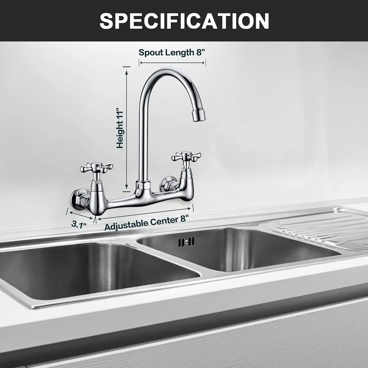Favorpo Commercial Brass Wall Mount Faucet 8 Inch Center | Heavy Duty, 360° Swivel, Chrome - view 5