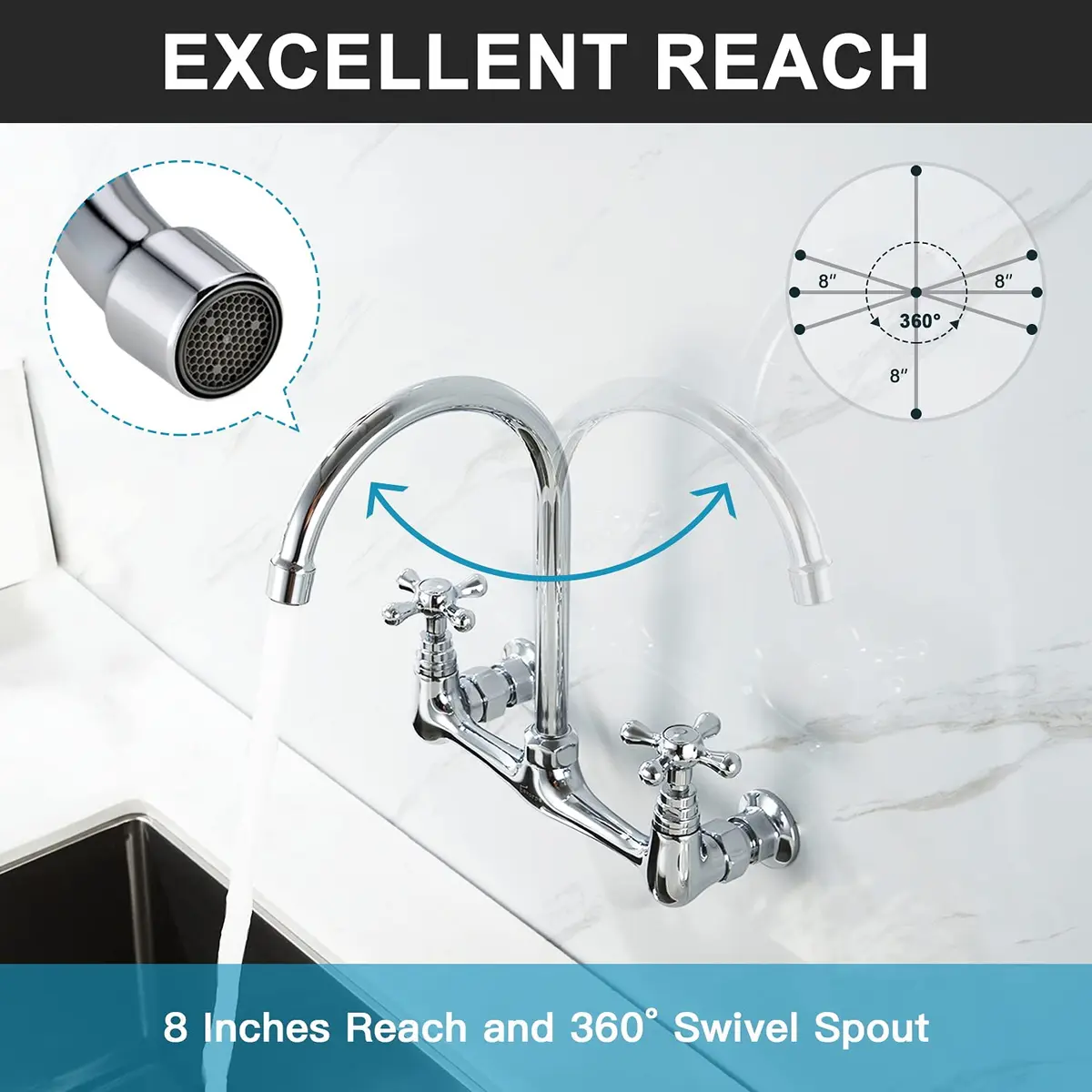Favorpo Commercial Brass Wall Mount Faucet 8 Inch Center | Heavy Duty, 360° Swivel, Chrome - view 2