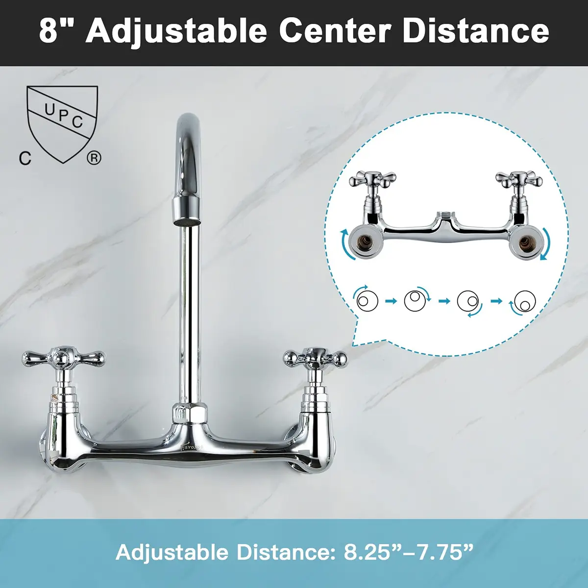 Favorpo Commercial Brass Wall Mount Faucet 8 Inch Center | Heavy Duty, 360° Swivel, Chrome - view 3