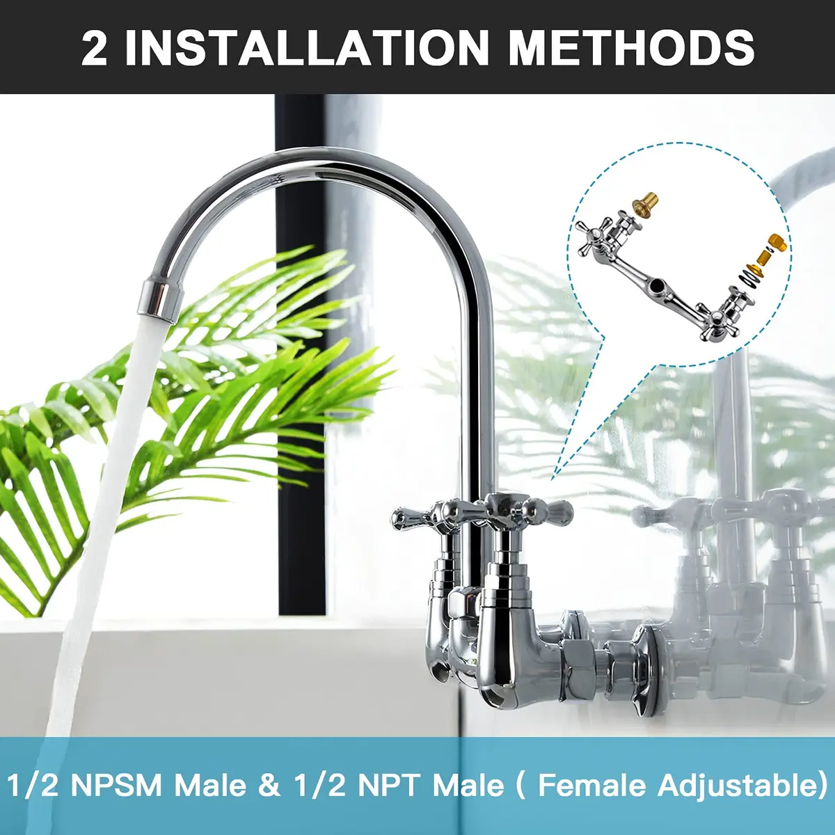 Favorpo Commercial Brass Wall Mount Faucet 8 Inch Center | Heavy Duty, 360° Swivel, Chrome - view 4