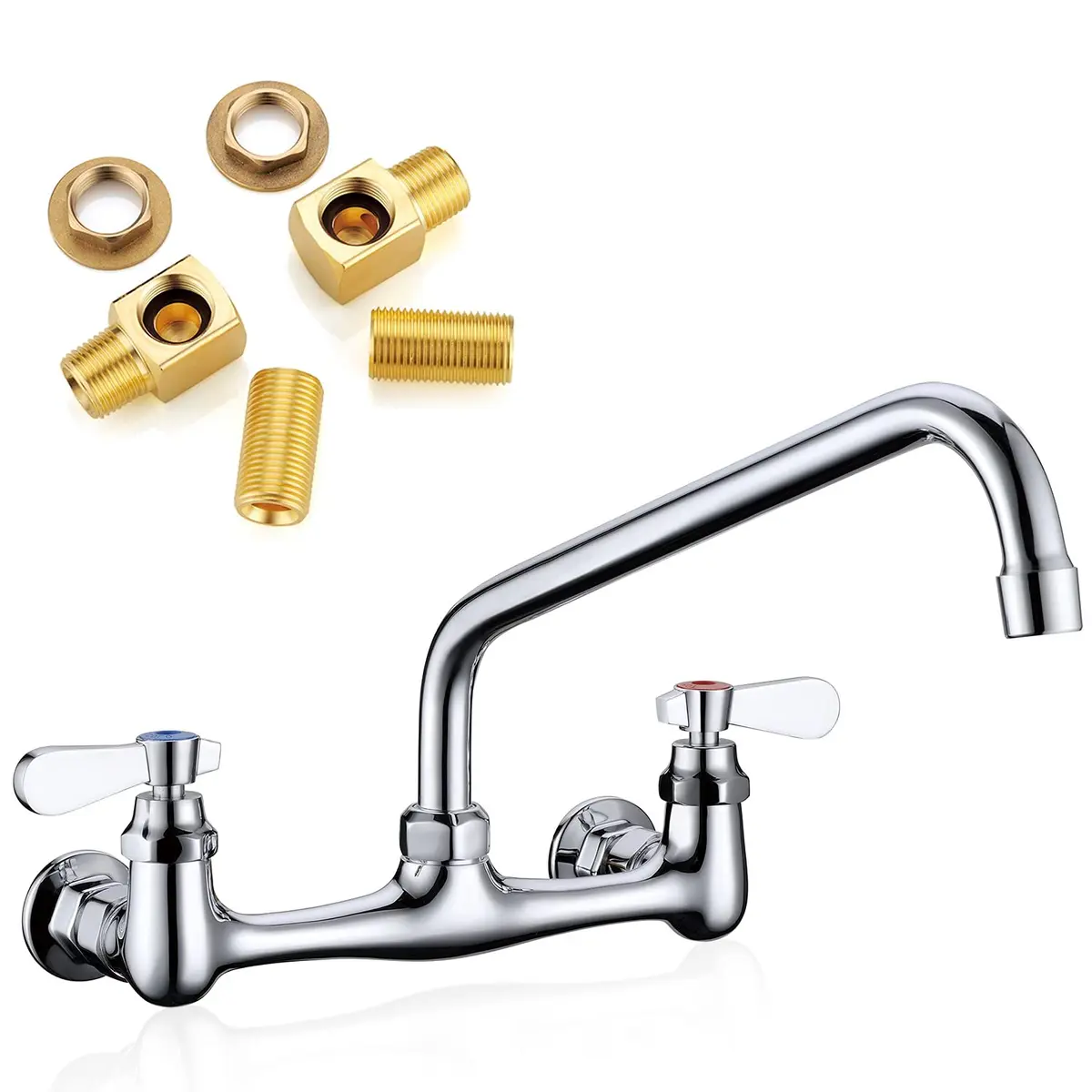 Favorpo Wall Mount Commercial Sink Kitchen Faucet 8 Inch Adjustable Center | Heavy Duty Brass, 360° Swivel, Certified Safe (70-120c) - main product image