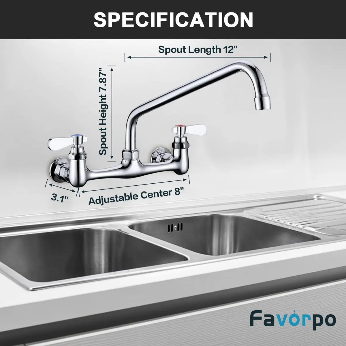 Favorpo Wall Mount Commercial Sink Kitchen Faucet 8 Inch Adjustable Center | Heavy Duty Brass, 360° Swivel, Certified Safe (70-120c) - view 5
