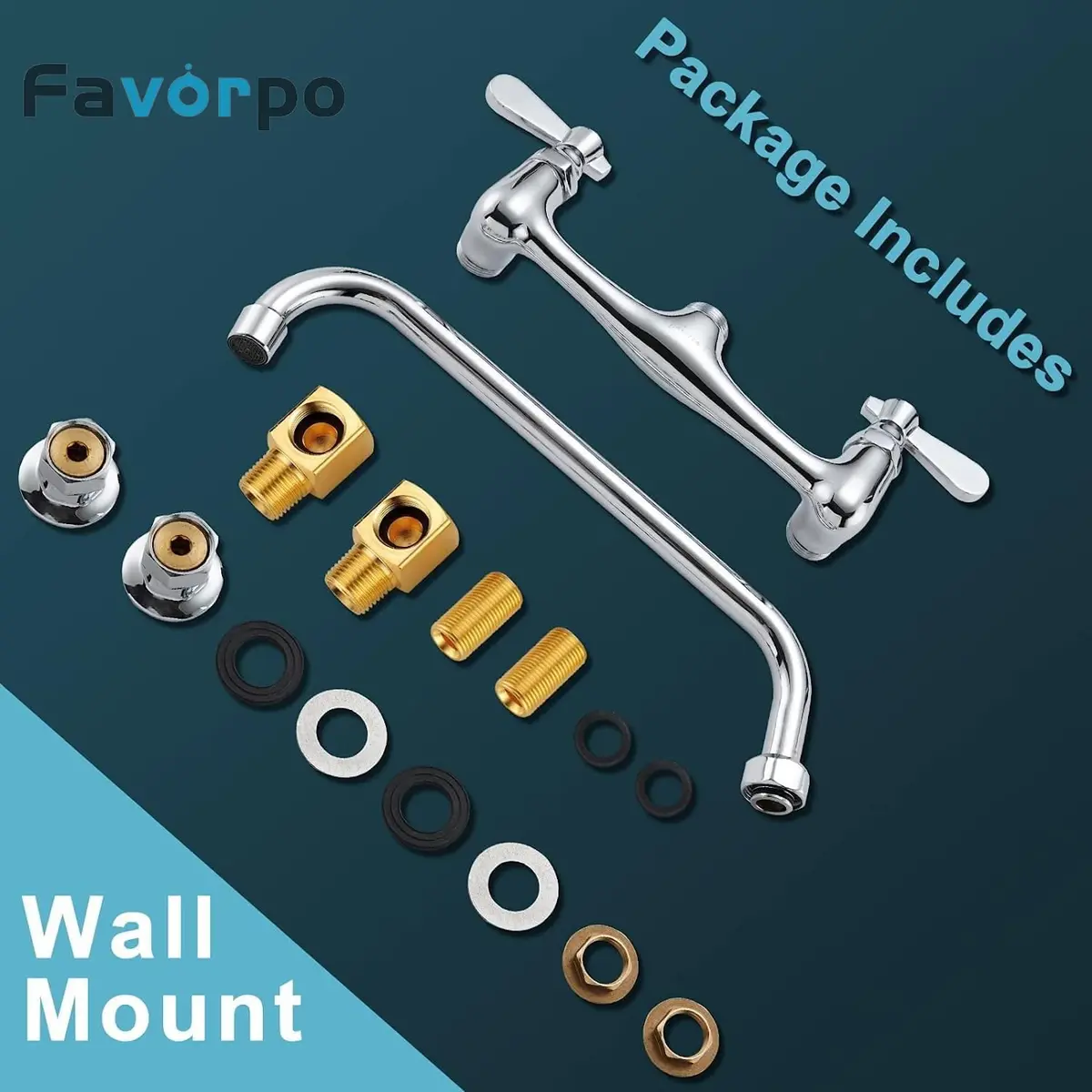 Favorpo Wall Mount Commercial Sink Kitchen Faucet 8 Inch Adjustable Center | Heavy Duty Brass, 360° Swivel, Certified Safe (70-120c) - view 6