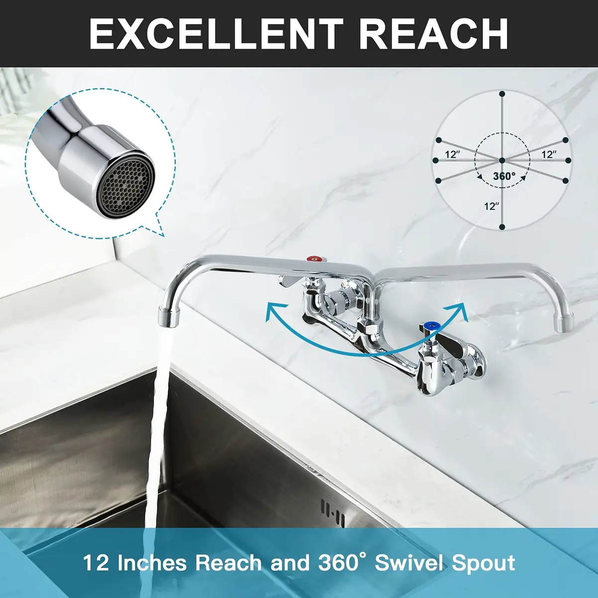 Favorpo Wall Mount Commercial Sink Kitchen Faucet 8 Inch Adjustable Center | Heavy Duty Brass, 360° Swivel, Certified Safe (70-120c) - view 2