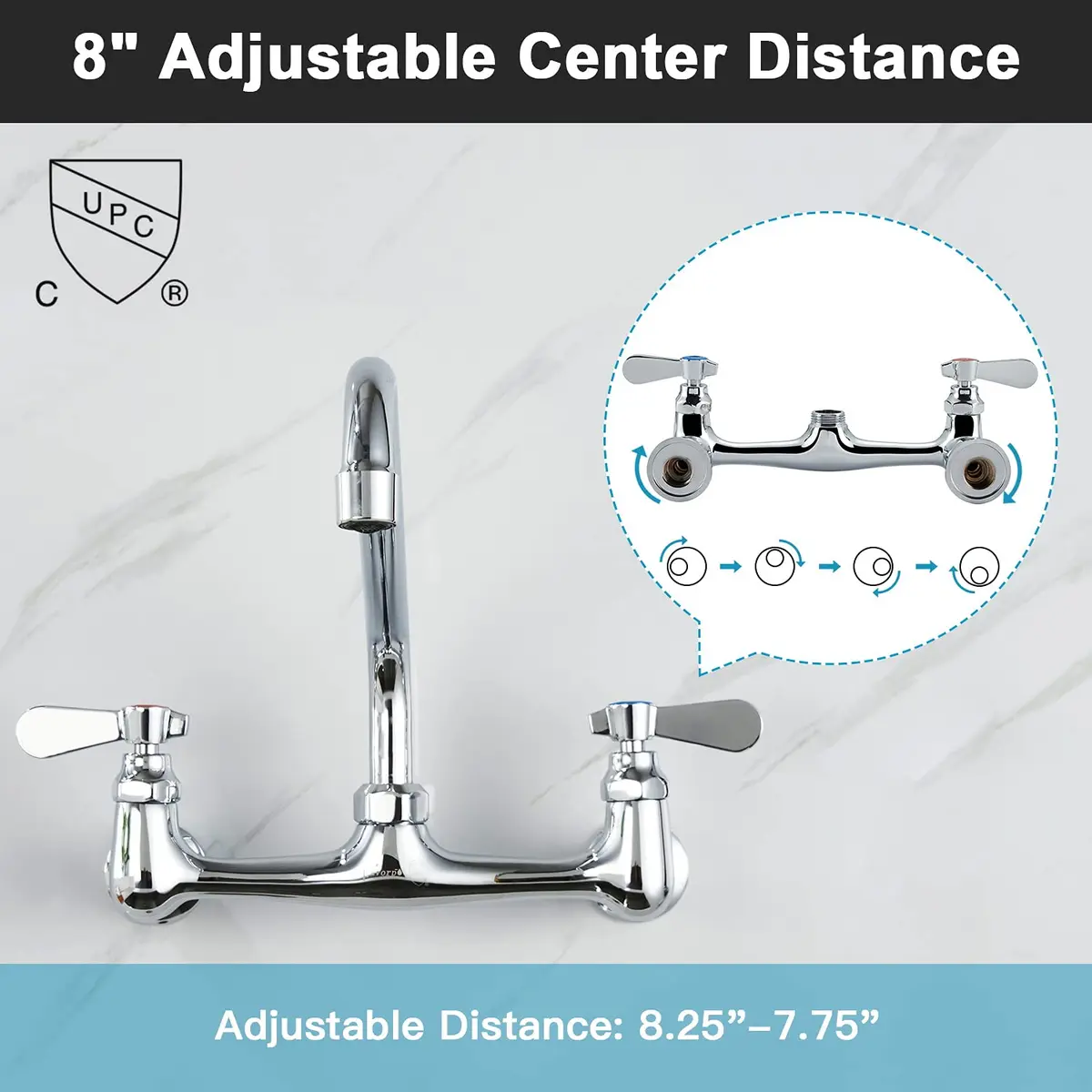 Favorpo Wall Mount Commercial Sink Kitchen Faucet 8 Inch Adjustable Center | Heavy Duty Brass, 360° Swivel, Certified Safe (70-120c) - view 3