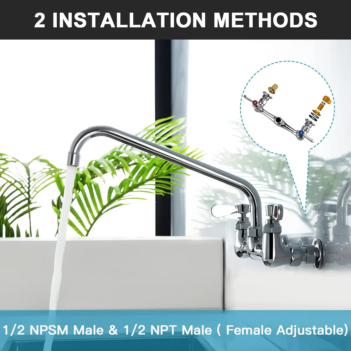 Favorpo Wall Mount Commercial Sink Kitchen Faucet 8 Inch Adjustable Center | Heavy Duty Brass, 360° Swivel, Certified Safe (70-120c) - view 4