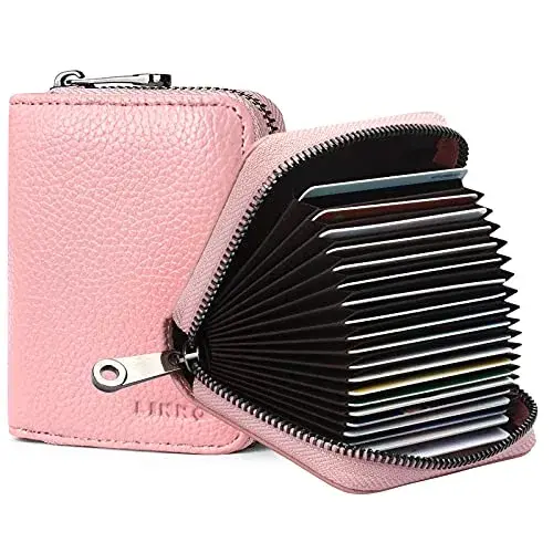 Linno Pink RFID Genuine Leather Credit Card Holder Small Wallet with Zipper | 20 Slots - main product image