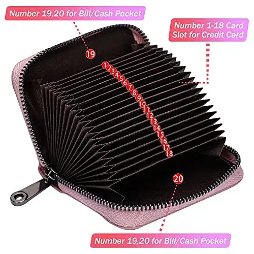 Linno Pink RFID Genuine Leather Credit Card Holder Small Wallet with Zipper | 20 Slots - view 2