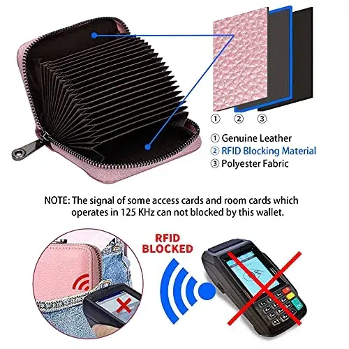 Linno Pink RFID Genuine Leather Credit Card Holder Small Wallet with Zipper | 20 Slots - view 3