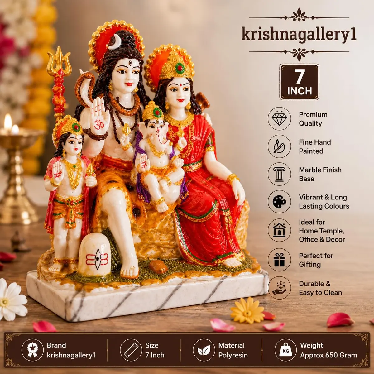 KRISHNAGALLERY1 Marble Dust Lord Shiv Parivar Family Murti Statue 23cm | Multicolor Antique Religious Home Decor - view 2