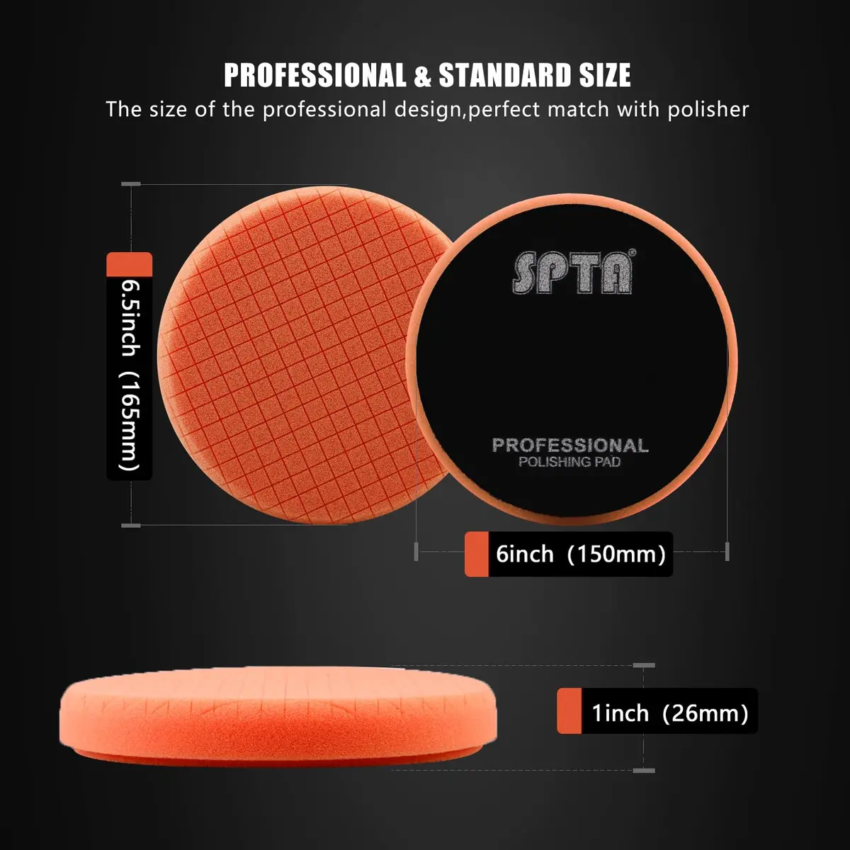 SPTA Orange Medium-Cut Foam Polishing Pads 6.5 Inch (165mm) Face for 6 Inch (150mm) Backing Plate | 3-Piece Set for Compounding, Polishing, Waxing - view 2