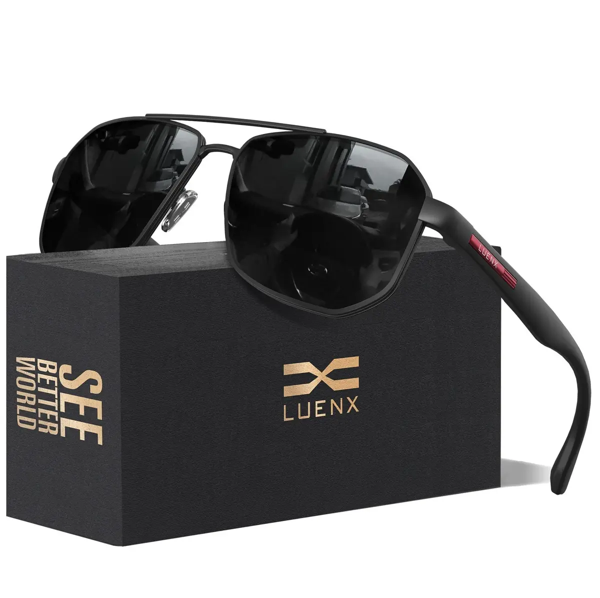 Luenx Aviator Polarized Sunglasses for Men: Square UV400 Driving | Large Frame, Black Lens, Polarized - main product image