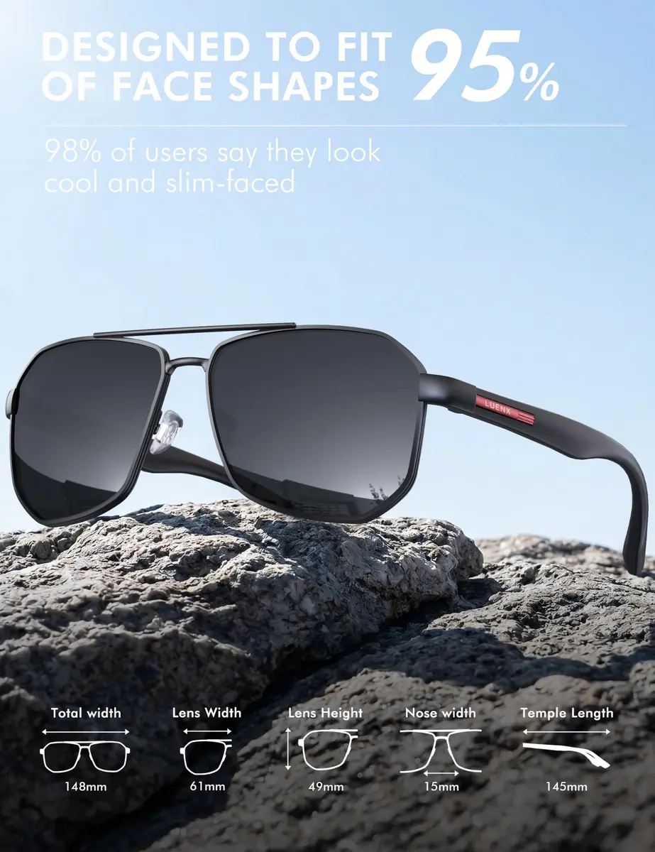 Luenx Aviator Polarized Sunglasses for Men: Square UV400 Driving | Large Frame, Black Lens, Polarized - view 5