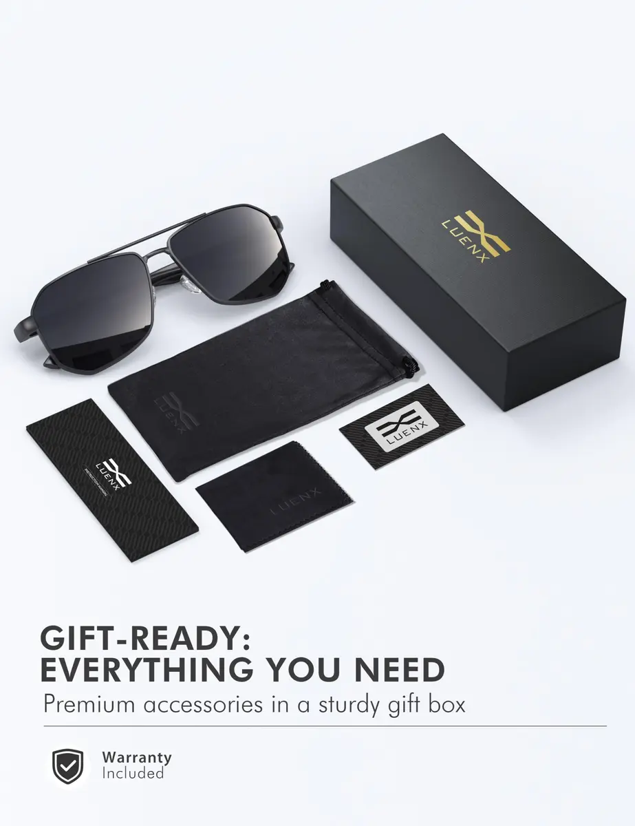 Luenx Aviator Polarized Sunglasses for Men: Square UV400 Driving | Large Frame, Black Lens, Polarized - view 7