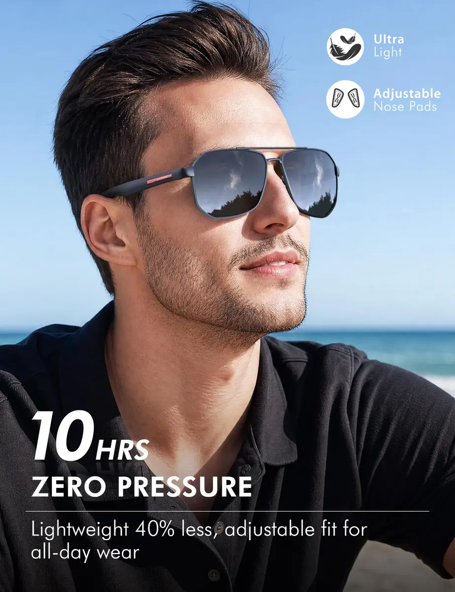Luenx Aviator Polarized Sunglasses for Men: Square UV400 Driving | Large Frame, Black Lens, Polarized - view 4